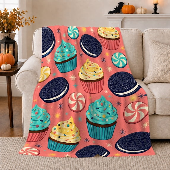Whimsical Sweets Pattern Coral-Pink Background, Playful Food Art Scene, Warm Flannel Blanket for Kitchen and Dining Room, Food Lovers Birthday Gift, Playful Home Decor