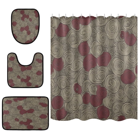 Whimsical Swirl Patterns 4 Piece Bathroom Set Waterproof Bath Curtain Anti-Slip Mats and Toilet Pad Practical and Affordable 66x72in Curtain
