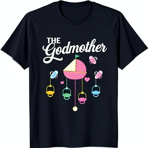 Whimsical 'THE GODMOTHER' Graphic T-Shirt with Colorful Mobile Design