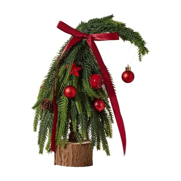 Whimsical Tabletop Artificial Christmas Tree with Wooden Base – 11.8" Real Touch Norfolk Pine Mini Xmas Tree with Red Baubles & Decorative Bow, Desktop Holiday Tree for Home, Office, Party Décor