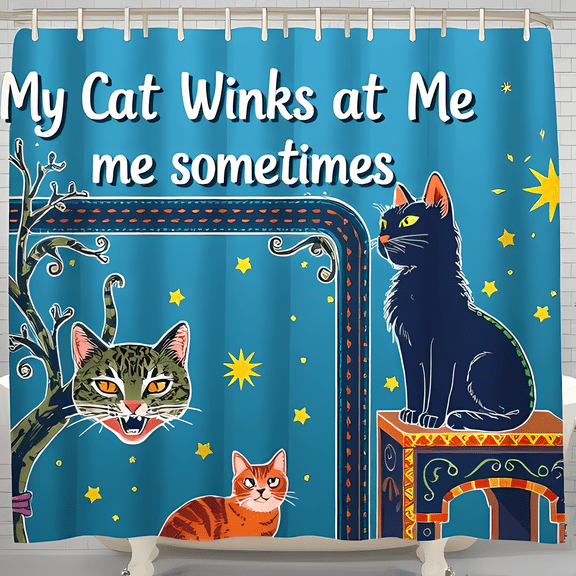 Whimsical Teal Cat Shower Curtain - "My Cat Winks at Me Sometimes" with Stars & Elegant Border