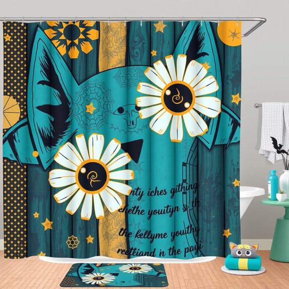 Whimsical Teal Cat Shower Curtain with Daisies & Spiderweb Design