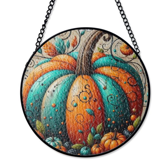 Whimsical Teal Orange Pumpkin Suncatcher Stained Glass Style UV Printed Glass Fall Harvest Entryway Decor Round