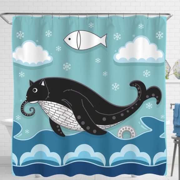 Whimsical Teal Shower Curtain with Black Whale & Octopus Design - Fun Winter Ocean Scene