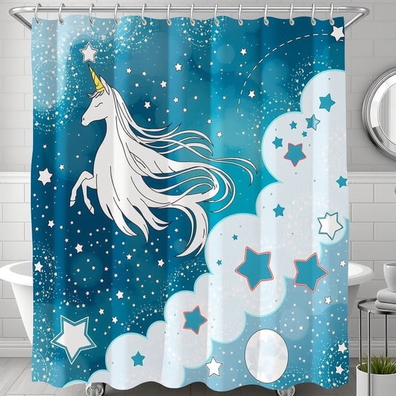 Whimsical Teal and White Shower Curtain with Stars and Clouds