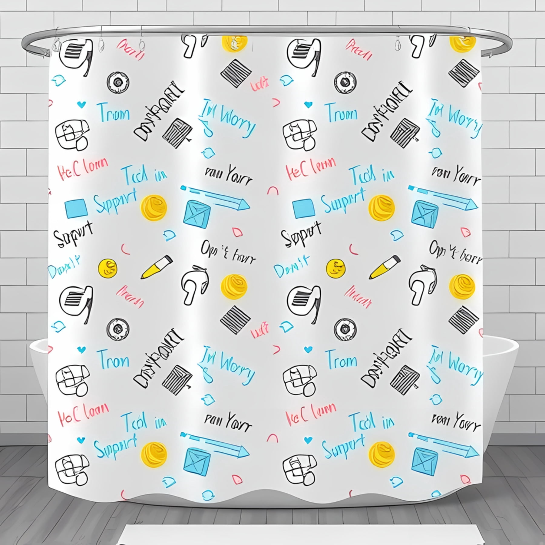 Whimsical Tech Shower Curtain - Bright White with Colorful Hand-Drawn