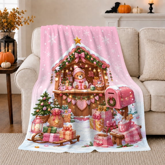 Whimsical Teddy Bear Christmas Cabin Shop Pink, Festive Holiday Scene, Warm Flannel Blanket for Cabin and Lodge with Detailed Artwork, Art Lovers Christmas Gift, Festive Home Decor