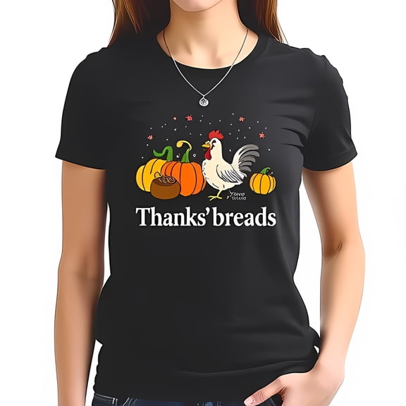 Whimsical Thanksgiving T-Shirt with Cartoon Rooster & Pumpkins - "Thanks'breads" Pun - Perfect for Autumn Casual Wear