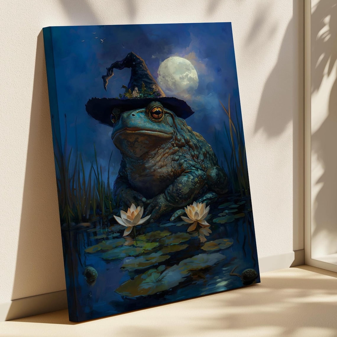 Whimsical Toad Witch Wall Art Print, Magical Frog In Hat, Moonlit Pond ...
