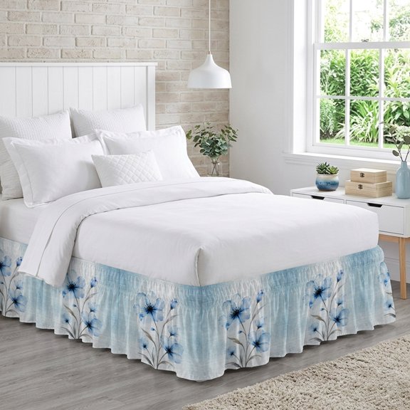 Whimsical Translucent Floral Bed Skirt California King Size 16 Inch Drop, Shabby Chic Blue Flower Adjustable Elastic Dust Ruffles Bedskirt Wrap Around Pleated Mattress Frame Cover
