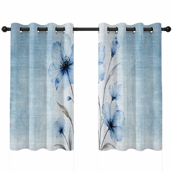 Whimsical Translucent Floral Blackout Curtains 45 Inches Long, Shabby Chic Blue Flower Thermal Insulated Room Darkening Drapes with Grommets for Living Room 42"W x 45"L, 2 Panels