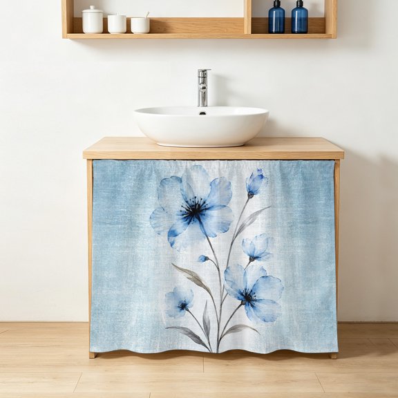 Whimsical Translucent Floral Cabinet Curtains 10" W x 11" L, Shabby Chic Blue Flower Under-Desk Privacy Dust Proof Drape Dishwasher Curtain Sink Skirt for Kitchen Closet Bathroom Laundry