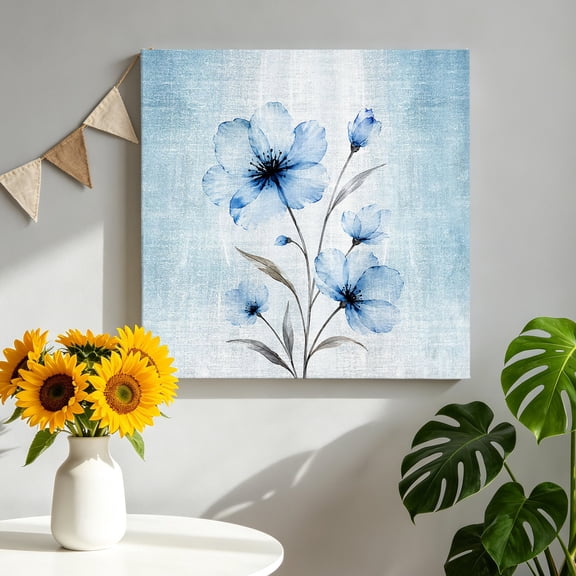 Whimsical Translucent Floral Canvas Wall Art, Shabby Chic Blue Flower Pictures Wall Decor Wooden Framed Artwork Art Prints for Living Room Hallway Bedroom Office 8"x8"