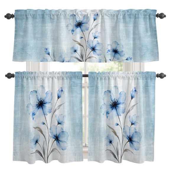 Whimsical Translucent Floral Kitchen Curtains Valances 3 Piece Set, Shabby Chic Blue Flower Rod Pocket Tier Curtain and Valance Drapes for Small Window 36 Inch Length for Bedroom Cafe
