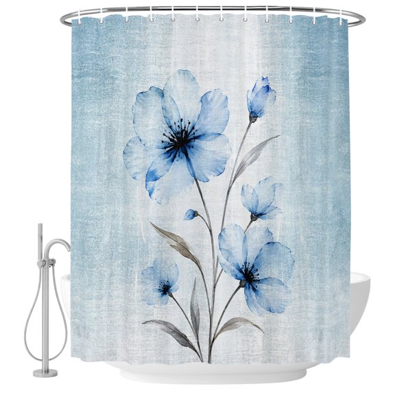 Whimsical Translucent Floral Shower Curtain for Bathroom, Shabby Chic Blue Flower Waterproof Cloth Fabric Bathroom Accessories Set with 12 Rust Proof Plastic Hooks, 72"x72"