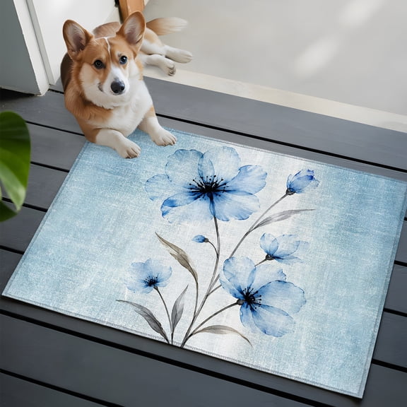 Whimsical Translucent Floral Small Area Rugs 2x3 Shabby Chic Blue Flower Entryway Rugs Washable Door Mat, Low-Profile Area Rugs Non Slip Floor Carpet for Living Room Bedroom Home Office