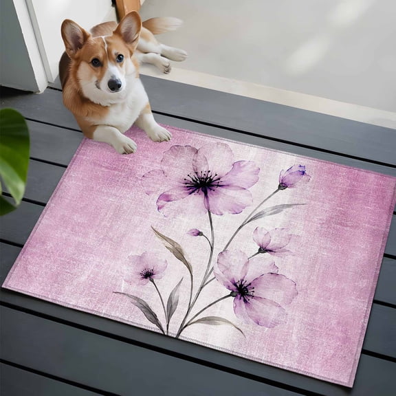 Whimsical Translucent Floral Small Area Rugs 2x3 Shabby Chic Pink Flower Entryway Rugs Washable Door Mat, Low-Profile Area Rugs Non Slip Floor Carpet for Living Room Bedroom Home Office