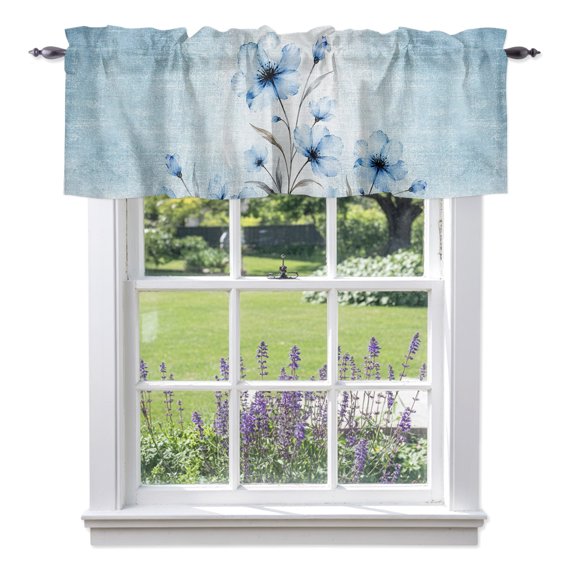 Whimsical Translucent Floral Valance Curtain 1 Panel, Shabby Chic Blue Flower Kitchen Valance with Rod Pocket Window Treatment Short Curtains for Bathroom Bedroom, 42 x 12 Inches