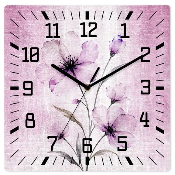 Whimsical Translucent Floral Wall Clock Shabby Chic Pink Flower 12 Inch Wooden Wall Clock Silent Non Ticking Wall Clocks Quartz Battery Operated Square Clock for Living Room Bedroom Home Office