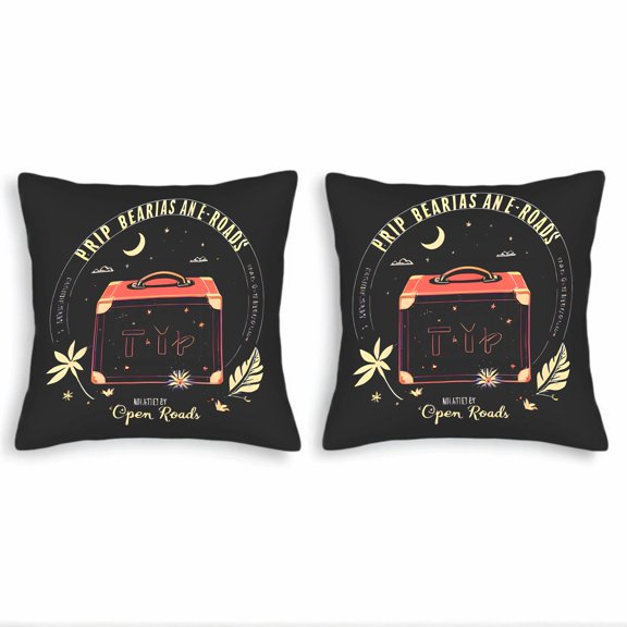 Whimsical Travel-Themed Throw Pillow Covers 18x18in Set of 2 - Black Background with Red Suitcase Stars Moon & Clouds