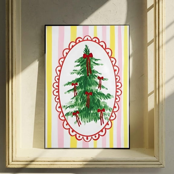 Whimsical Tree Art Poster, Red Bowposter, Festive Wall Decor, Tree Va-T10-389, Unframed Poster Size 8x12