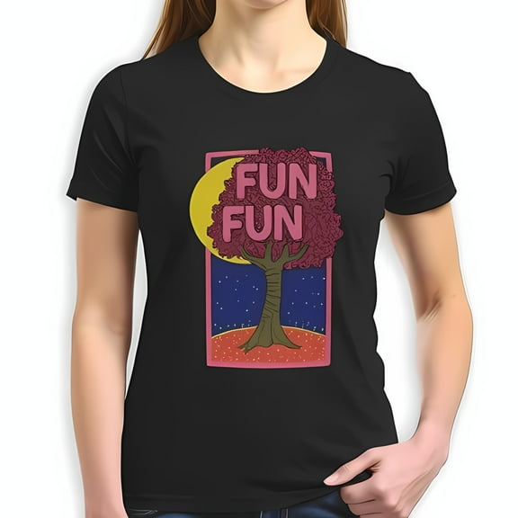 Whimsical Tree Graphic Cotton Short Sleeve T-Shirt with Pink Canopy & Bold 'FUN' Design - Perfect for Casual Outings