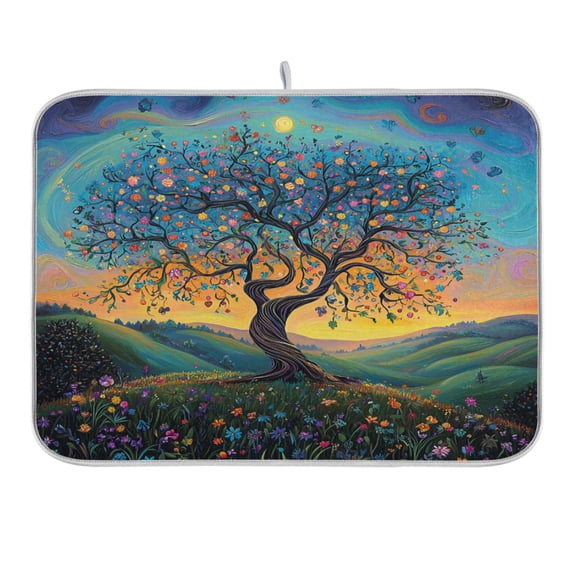 Whimsical Tree Of Life Dish Drying Mat 16x18 Absorbent Microfiber Draining Rack Pad for Kitchen Counter Sink