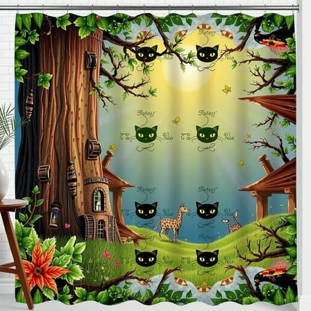 Whimsical Tree Shower Curtain with Cats, Houses & Butterflies - Fun Decor