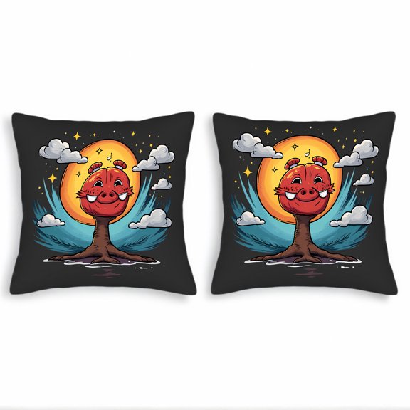 Whimsical Tree Throw Pillow Covers 18x18in Set of 2 - Smiling Face Design with Vibrant Night Sky Perfect for Couch Bed and Car Decor