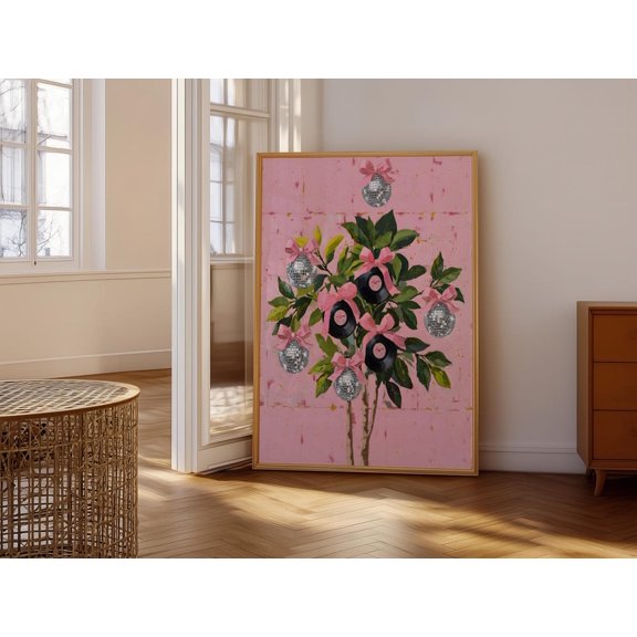 Whimsical Tree With Disco Balls And Vinyl Records Pink Background Unique Eclectic Wall Art Fun And Quirky Home Decor Piece