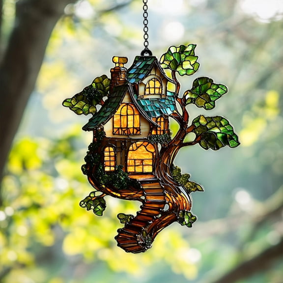 Whimsical Treehouse 2D Flat Acrylic Sun Catcher, Tree & Lights Art, Enchanting Window Decor, Gift for Nature Lovers & Home, Hanging Ornament Decoration