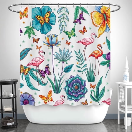 Whimsical Tropical Shower Curtain with Pink Flamingos & Vibrant Flowers