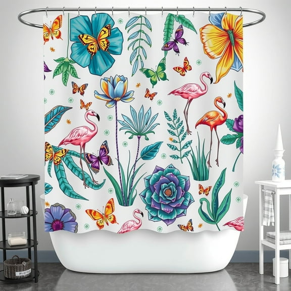Whimsical Tropical Shower Curtain with Pink Flamingos & Vibrant Flowers