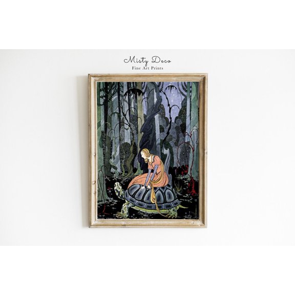 Whimsical Turtle Vintage Illustration Virginia Frances Sterrett Home Art, Unframed Canvas 8x10in