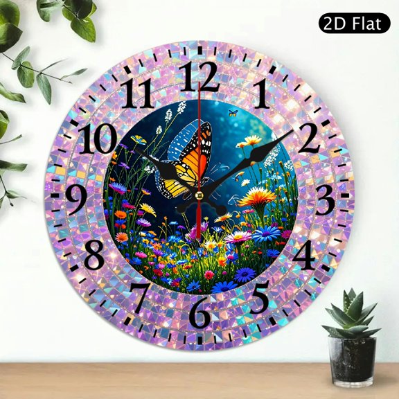 Whimsical Twilight Meadow Butterfly Wall Clock Round 10x10 Inch Decorative Home Decor Battery Not Included