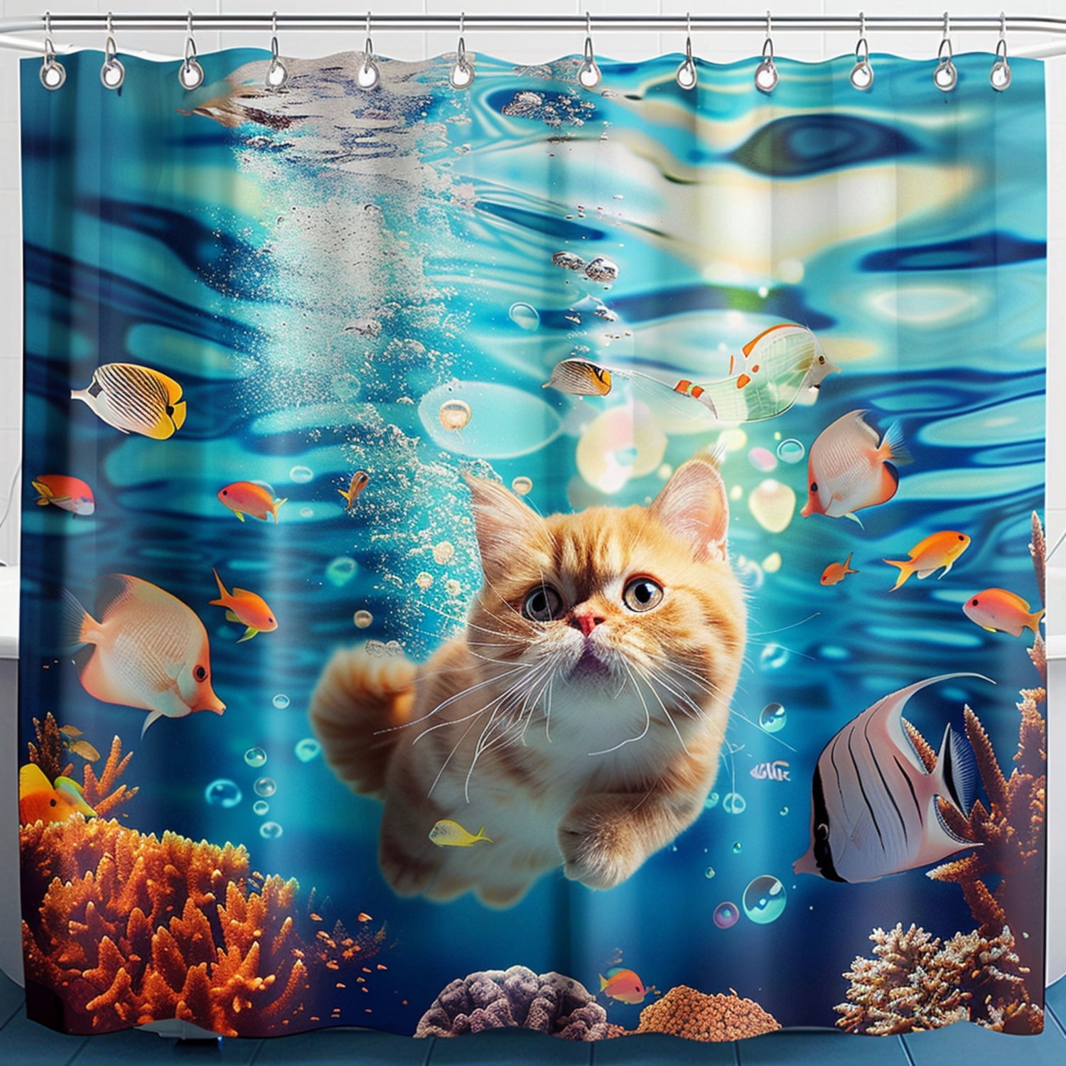 Whimsical Underwater Adventure Cat Shower Curtain Vibrant Coral Reefs