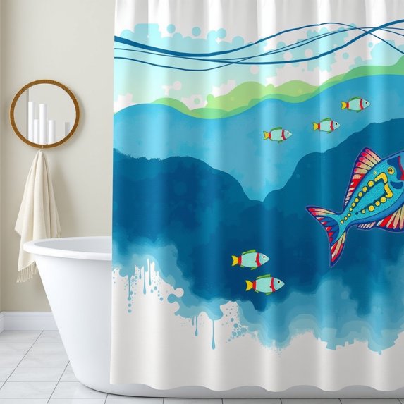 Whimsical Underwater Scene Shower Curtain - Watercolor Fish Design