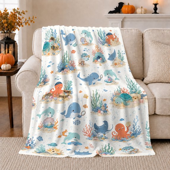 Whimsical Underwater Sea Creatures, Playful Coastal Landscape Scene, Warm Flannel Blanket for Beach House and Living Room, Beach Lovers Valentine's Day Gift, Coastal Home Decor