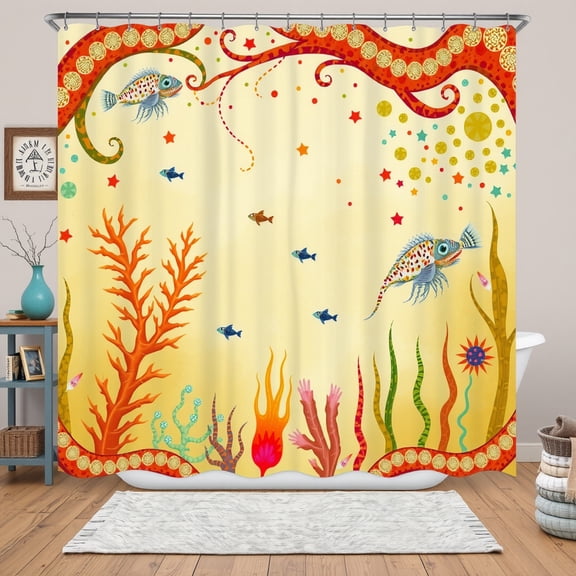 Whimsical Underwater Shower Curtain - Colorful Fish Coral & Orange Branch Design for Bathroom Decor