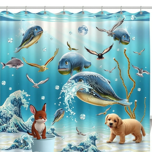 Whimsical Underwater Shower Curtain with Colorful Fish & Cute Creatures