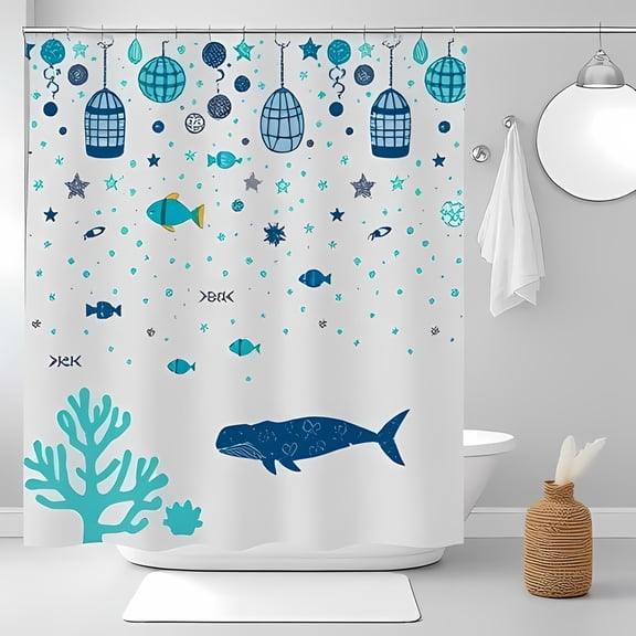 Whimsical Underwater Shower Curtain with Playful Fish Whale and Disco Balls - Teal & Navy Blue Design