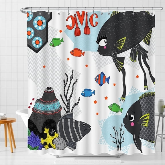 Whimsical Underwater Theme Shower Curtain with Colorful Fish & Coral Fun ' ' Design