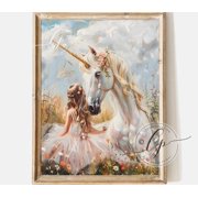 Whimsical Unicorn Art Print, Girl And Unicorn Friendship, Unframed Paper Poster 8x10in