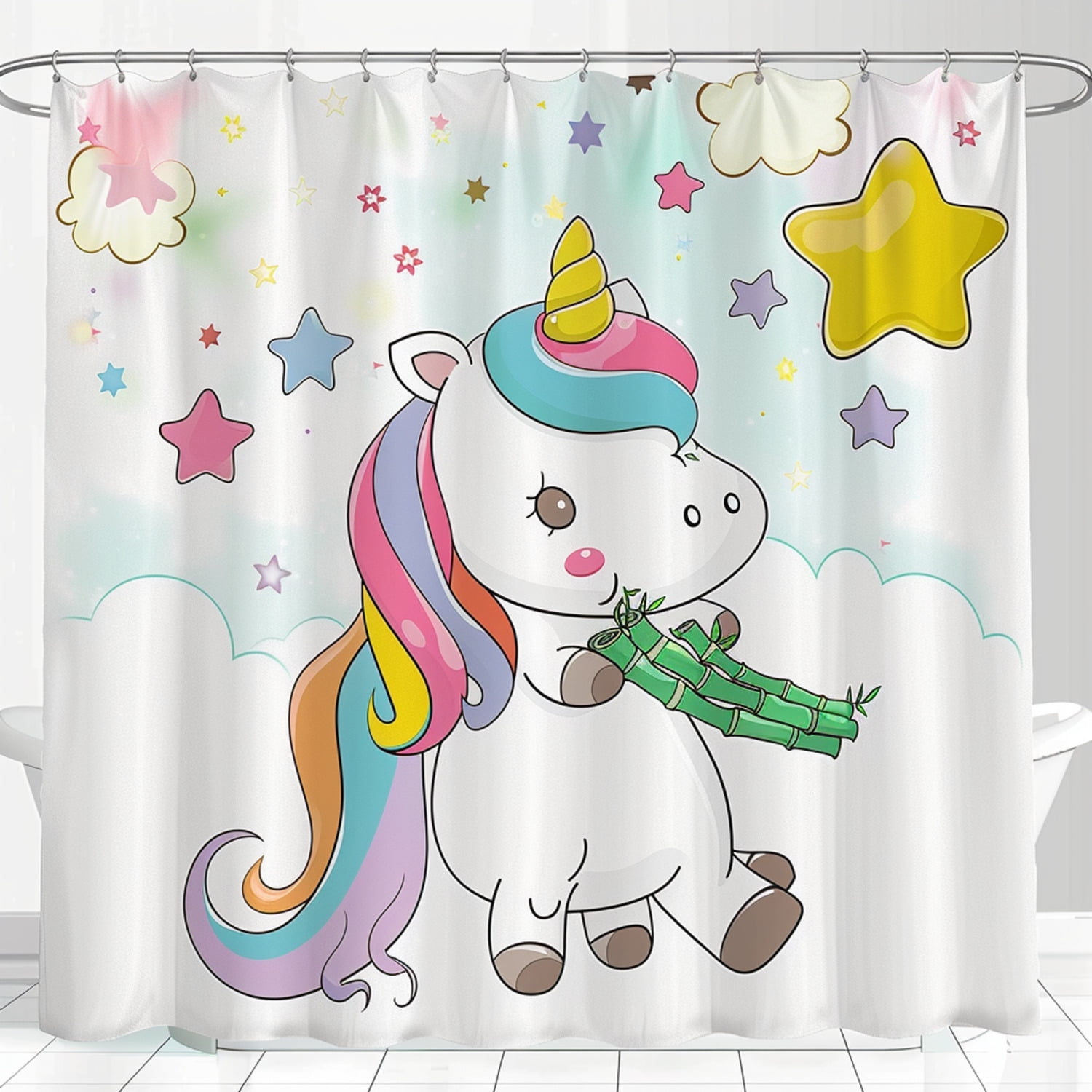 Whimsical Unicorn Shower Curtain with Bamboo Shoots and Rainbow Tail