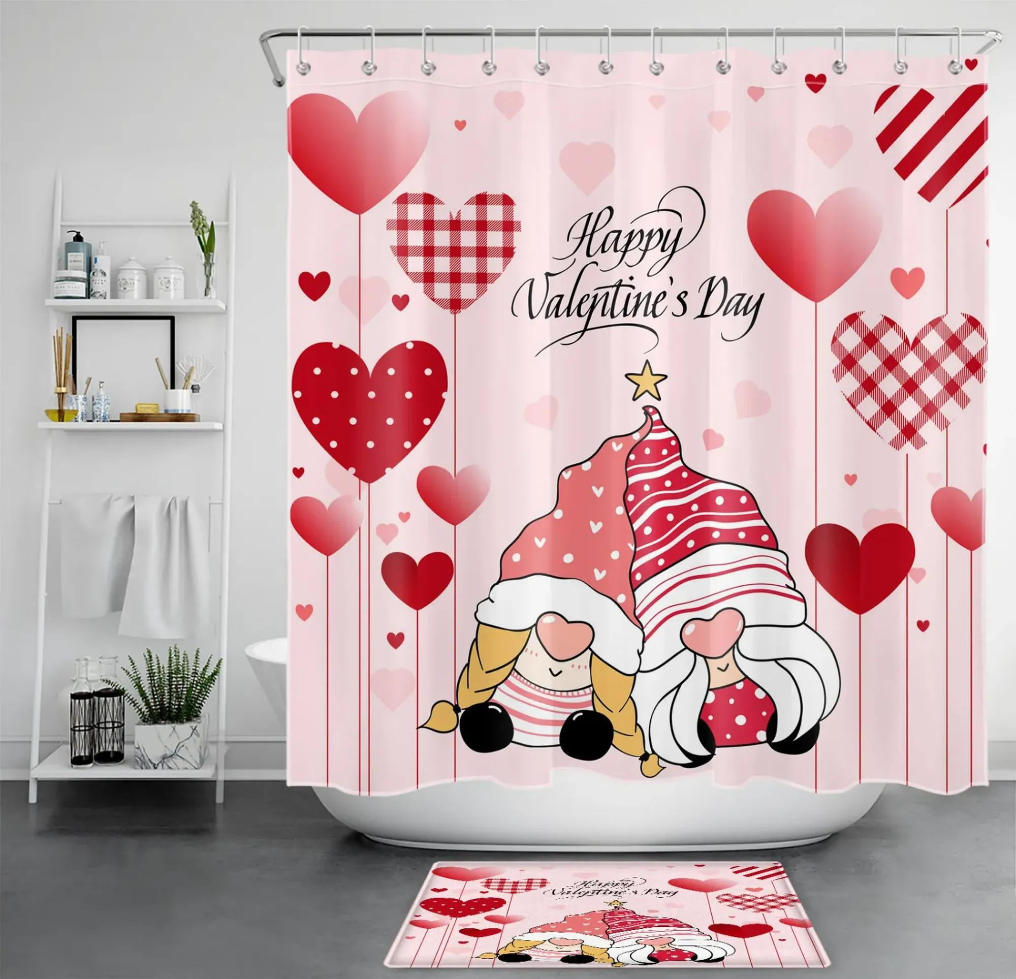 Whimsical Valentine's Day Bathroom Makeover Pink Heart Balloon Gnome Shower Curtain Set for a