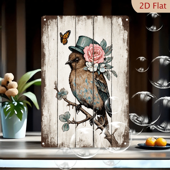 Whimsical Victorian Bird in Teal Top Hat with Pink Rose & Monarch Butterfly, 8x12 Inches Distressed White Wood Background Metal Wall Art Print