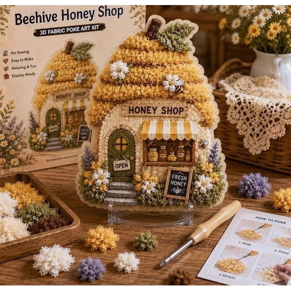 Whimsical Village 3D Fabric Poke Art Kit for Adults Relaxation, No-Sew DIY Craft Project for Stress Relief and Cozy Home Decor Display (Beehive Honey Shop)