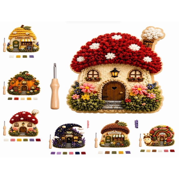 Whimsical Village 3D Fabric Poke Art Kit, All-Inclusive Punch Craft Bundle with Illustrated Manual, Relaxing Hobby for Adult Crafters (Red Mushroom Cottage)