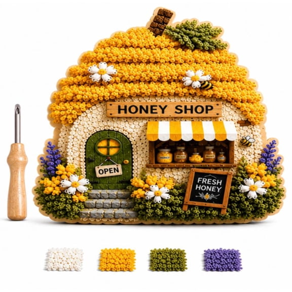 Whimsical Village 3D Fabric Poke Art Kit Beginner Friendly, Creative Screen-Free Activity for Weekend Crafting and Unique Gift Idea (Beehive Honey Shop)