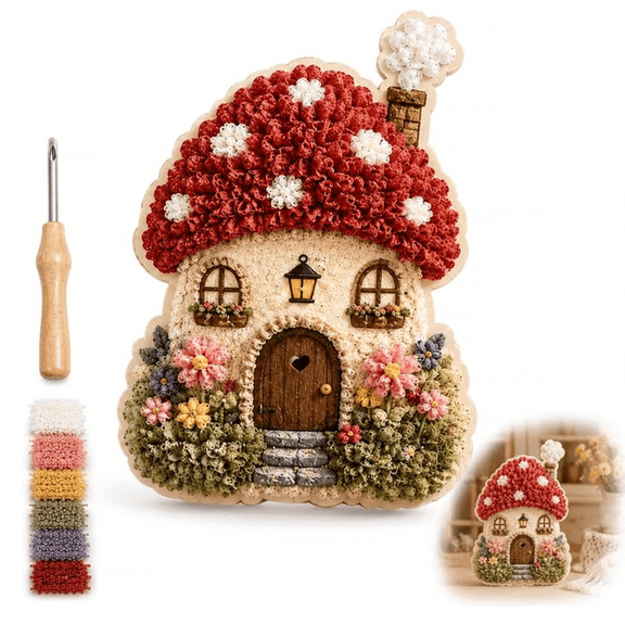 Whimsical Village 3D Fabric Poke Art Kit | Cottage Craft No Sew Press Technique Simple Illustrated Guide Six Fantasy Styles Relaxing Creative Hobby (Mushroom)